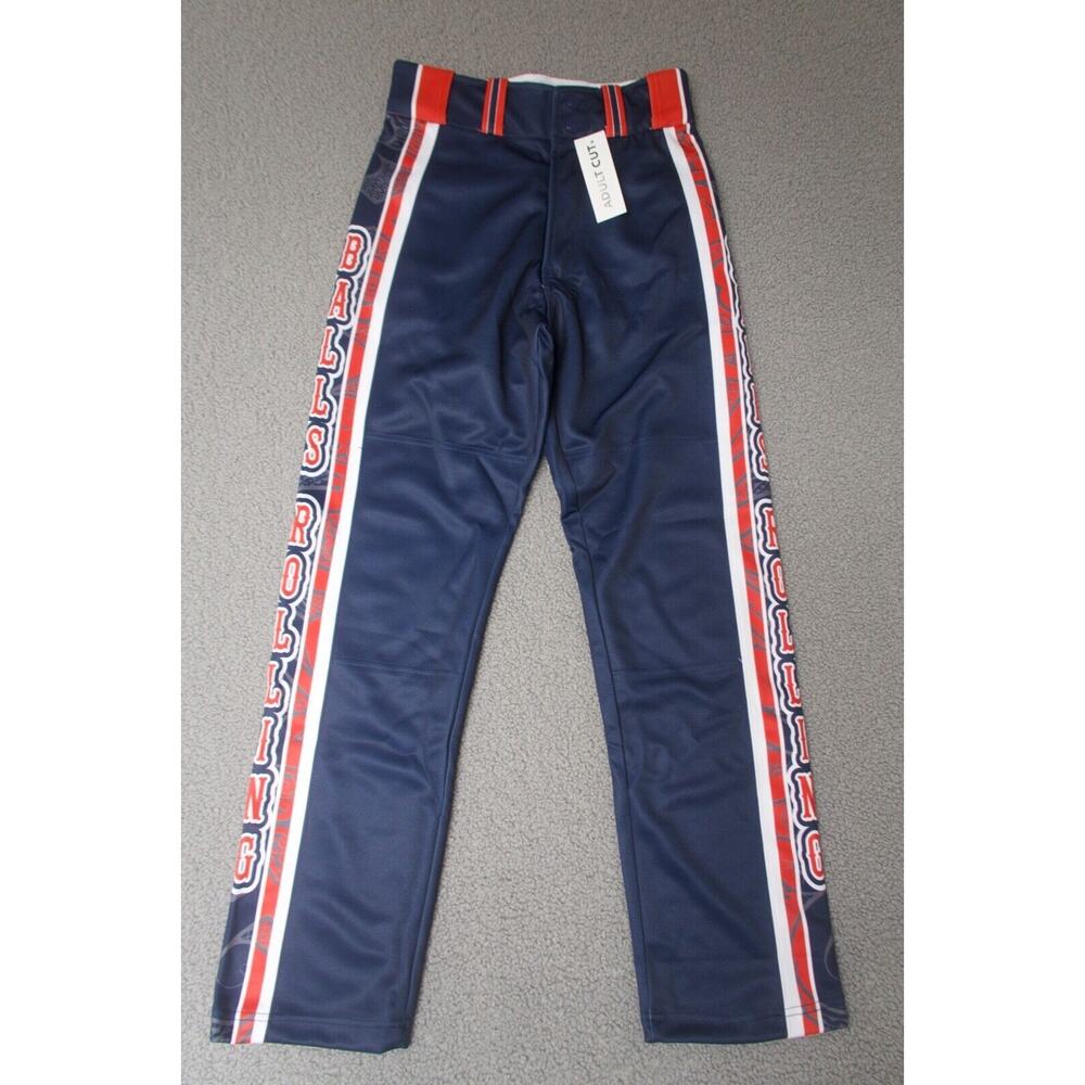Berserk softball / baseball pants size 27x30 red white blue balls rolling‎